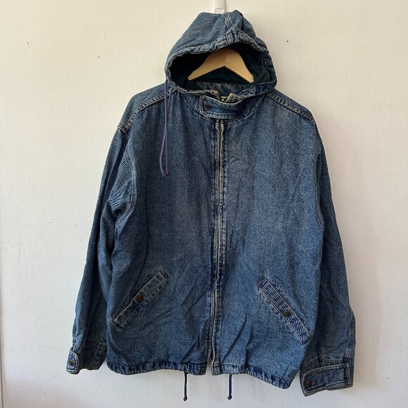 St. Johns Bay Denim Coat Womens Large Blue Pockets Hooded VTG Barn Coat - Picture 1 of 7